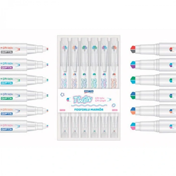 GIPTA F1533 ÜÇ BOYUTLU ÇİFT ÇİZGİLİ ÇİFT UÇLU 6 RENK FOSFORLU KALEM SETİ