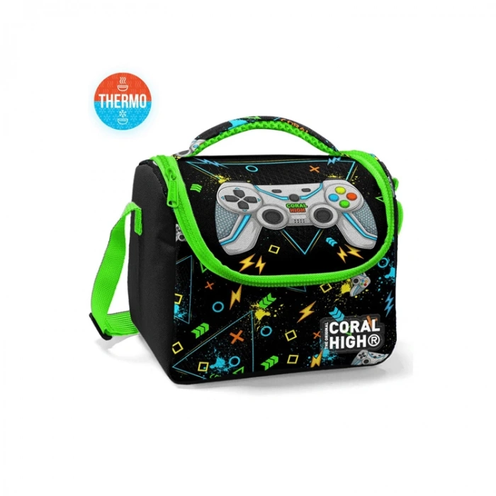 CORAL HIGH 11887 KIDS SİYAH FOSFORLU YEŞİL GAMER DESENLİ THERMO BESLENME ÇANTASI