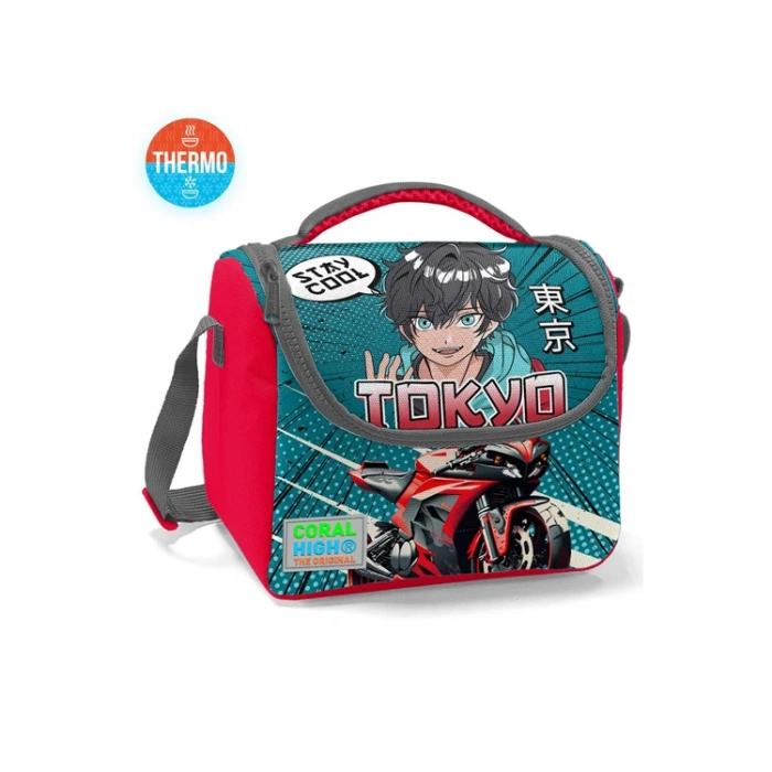 CORAL HIGH 11764 KIDS GRİ NEFTİ ANİME MOTORSİKLET DESENLİ THERMO BESLENME ÇANTASI