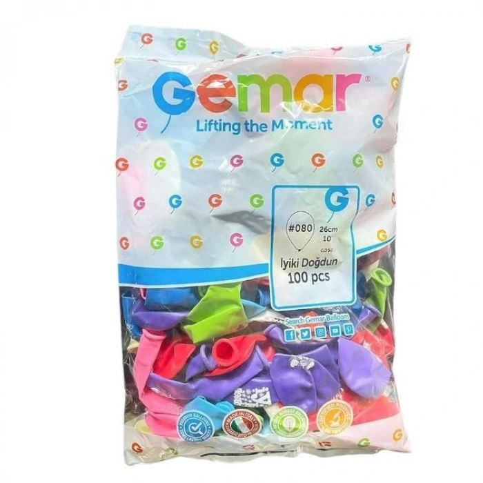 GEMAR BALON 10  26cm İYİ Kİ DOĞDUN YAZILI KARIŞIK RENK BALON 100lü 8+