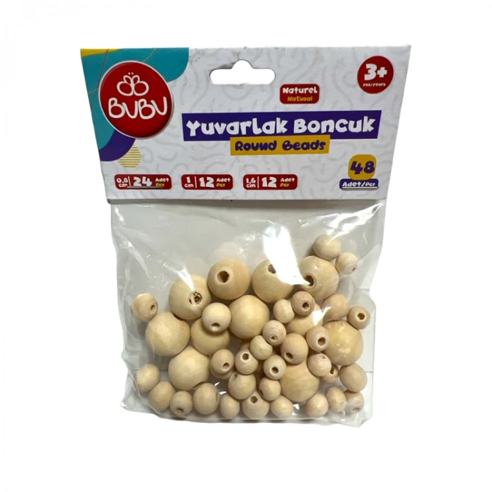 BU-BU 0.8cm-1cm-1.6cm- AHŞAP NATUREL RENK YUVARLAK BONCUK KARIŞIK POŞETLİ 48Lİ  BUBU-HS0034