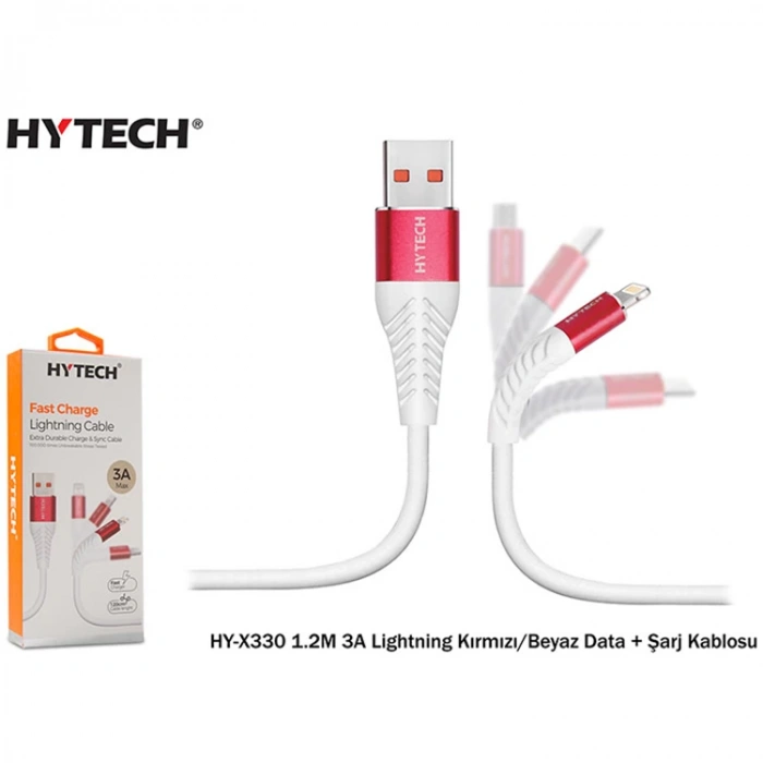 HYTECH HY-X330 1.2M 3A LIGHTNING KIRMIZI/BEYAZ DATA + ŞARJ KABLOSU