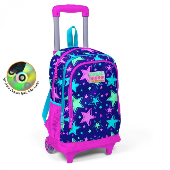 CORAL HIGH 23367 SAKS PEMBE YILDIZ DESENLİ IŞIKLI TEKERLEKLİ ÇEKÇEKLİ SIRT ÇANTASI
