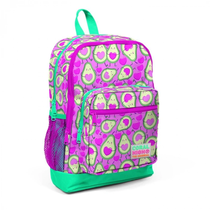 CORAL HIGH 23709 AÇIK PEMBE SU YEŞİLİ AVOKADO DESENLİ DÖRT BÖLMELİ OKUL SIRT ÇANTASI
