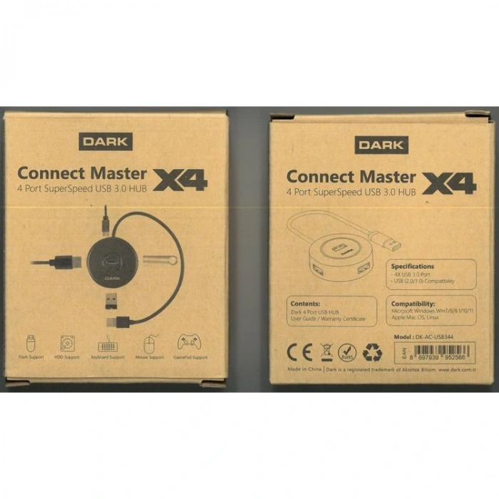 DARK DK-AC USB344 CONNECT MASTER 4 PORT USB 3.0 USB HUB ÇOKLAYICI SİYAH