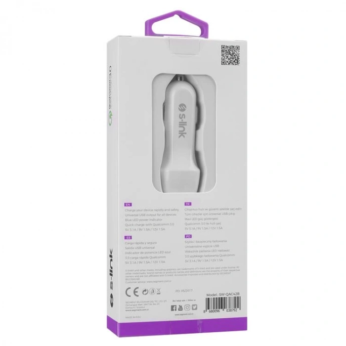 S-LİN SWAPP SW-QAC42B QUALCOMM 3,0 ARAÇ İÇİ ŞARJ CİHAZI BEYAZ