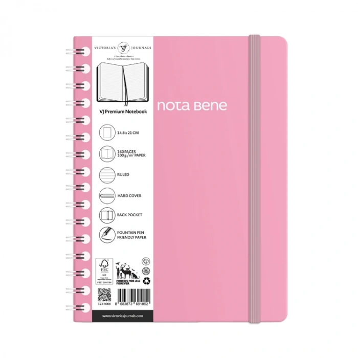 VICTORIAS JOURNALS NOTE BENE 9265 PREMIUM NOTEBOOK SPİRALLİ SERT KAPAK A5 100gr.160 SYF. ÇİZGİLİ DEFTER PEMBE