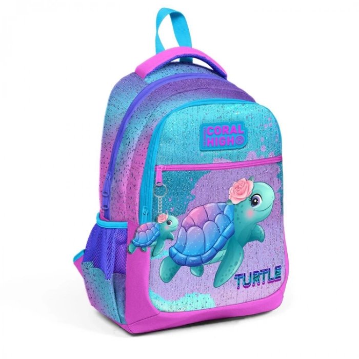 CORAL HIGH 23497 AÇIK PEMBE MAVİ KAPLUMBAĞA DESENLİ ÜÇ BÖLMELİ SIRT ÇANTASI