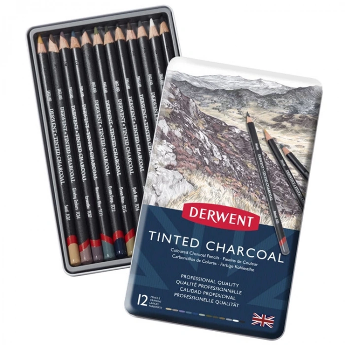 DERWENT TINTED COLOURED CHARCOAL PENCILS RENKLİ KÖMÜR FÜZEN KALEM SETİ 12 Lİ TENEKE KUTU - DW2301690