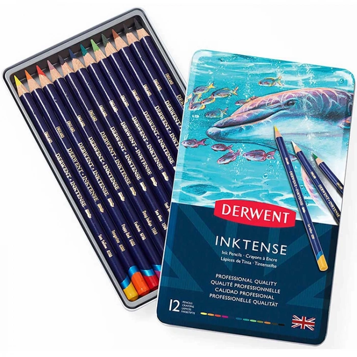 DERWENT INKTENSE MÜREKKEP BAZLI KURU - SULU BOYA KALEM SETİ 12 RENK TENEKE KUTU -  DW0700928