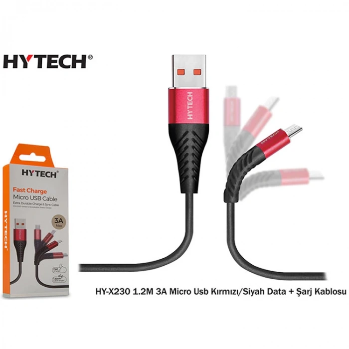 HYTECH HY-X230 1.2M 3A MICRO USB KIRMIZI/SİYAH DATA + ŞARJ KABLOSU