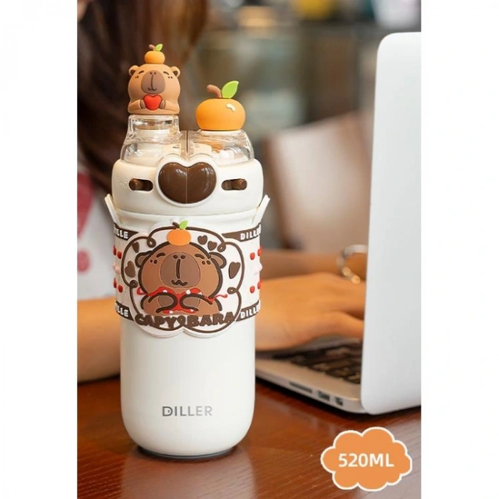 VAGONLİFE DILLER PASLANMAZ ÇELİK PİPETLİ/PİPETSİZ KULLANIM ÇİFT KAPAKLI MATARA/TERMOS D9285 520ML CAPYBARA