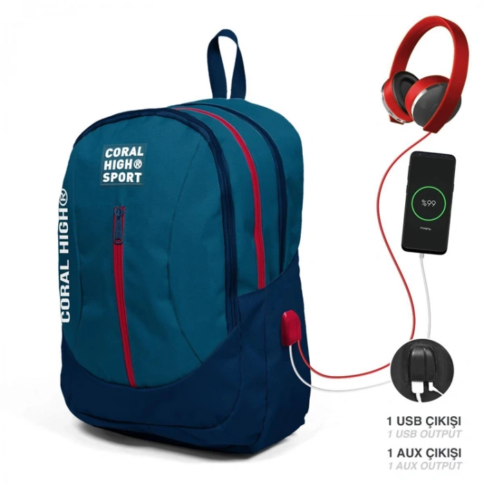 CORAL HIGH 23448 CİVİT LACİVERT USB + AUX SOKETLİ DÖRT BÖLMELİ SIRT ÇANTASI
