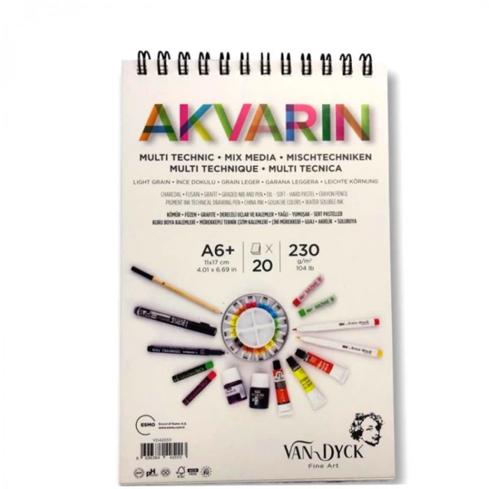VAN DYCK VD420511 AKVARIN MULTIPURPOSE  ÜSTTEN SPİRALLİ SULU BOYA BLOK DEFTER A6+ 11x17cm 230GR 20 YP