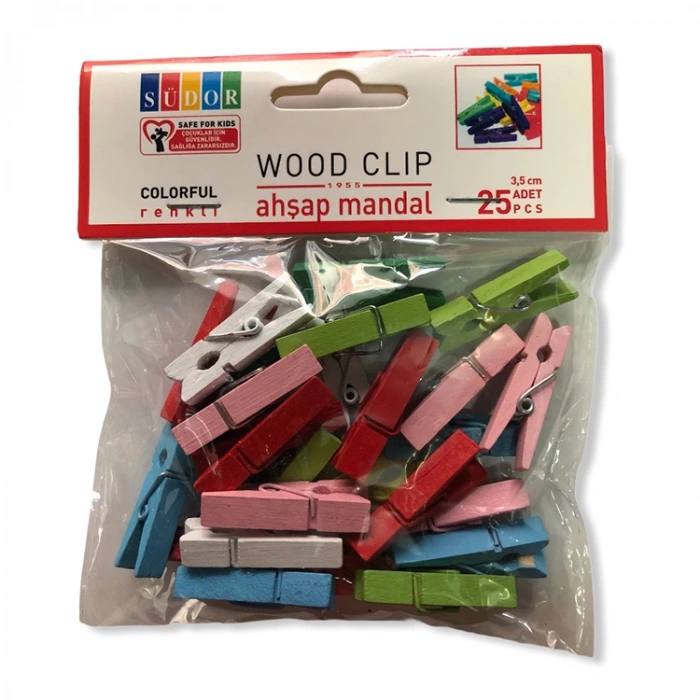 SÜDOR BS130 AHŞAP MANDAL BÜYÜK 3,5 CM 25 Lİ RENKLİ 1 PAKET