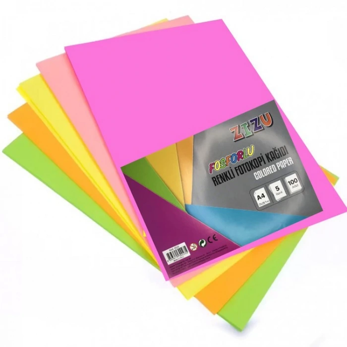 ZİZU DK0235 RENKLİ FOTOKOPİ KAĞIDI FOSFORLU A4 100Lü -5 RENK