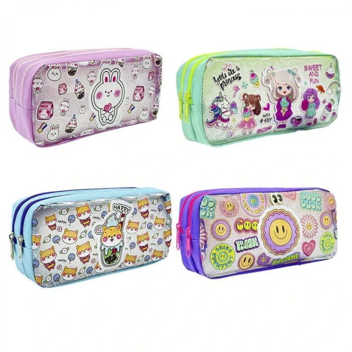 MİKRO S-20 2 BÖLMELİ PVC ŞEFFAF KARIŞIK DESEN KIZ ÇOCUK KALEM ÇANTASI - TEKLİ