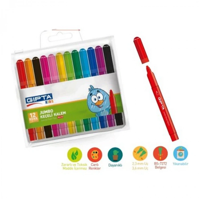 GIPTA K410 PVC ÇANTALI JUMBO KEÇELİ BOYA KALEMİ 12Lİ