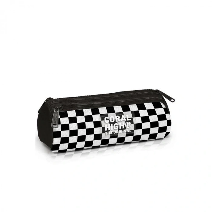 CORAL HIGH 11177 KIDS SİYAH BEYAZ DAMA DESENLİ ÜÇ BÖLMELİ KALEM ÇANTASI