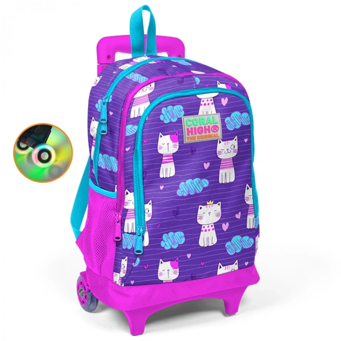 CORAL HIGH 23360 MOR KEDİ DESENLİ IŞIKLI TEKERLEKLİ ÇEKÇEKLİ SIRT ÇANTASI