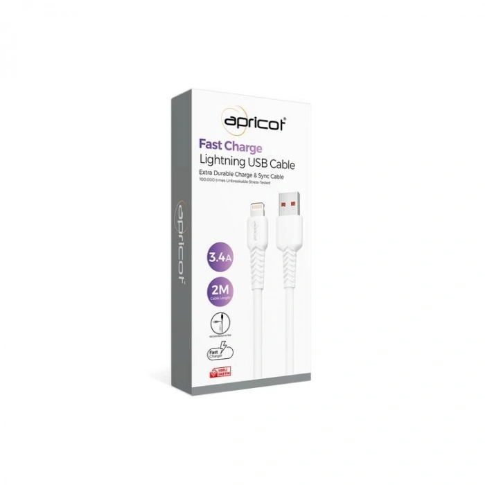 APRİCOT APC-A230L LIGHTNING USB 2M 3.4A BEYAZ ŞARJ+DATA KABLOSU