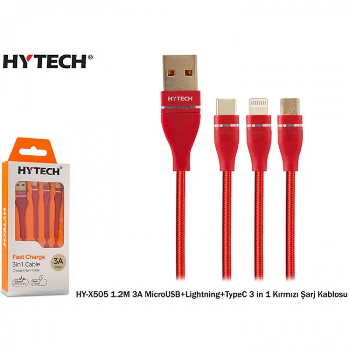 HYTECH HY-X505 1.2M 3A MICRO USB + LIGHTNING + TYPE C 3in KIRMIZI ŞARJ KABLOSU