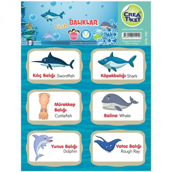 CREA ETİKET  - İNGİLİZCE TÜRKÇE DENİZ CANLILARI & BALIKLAR 1141
