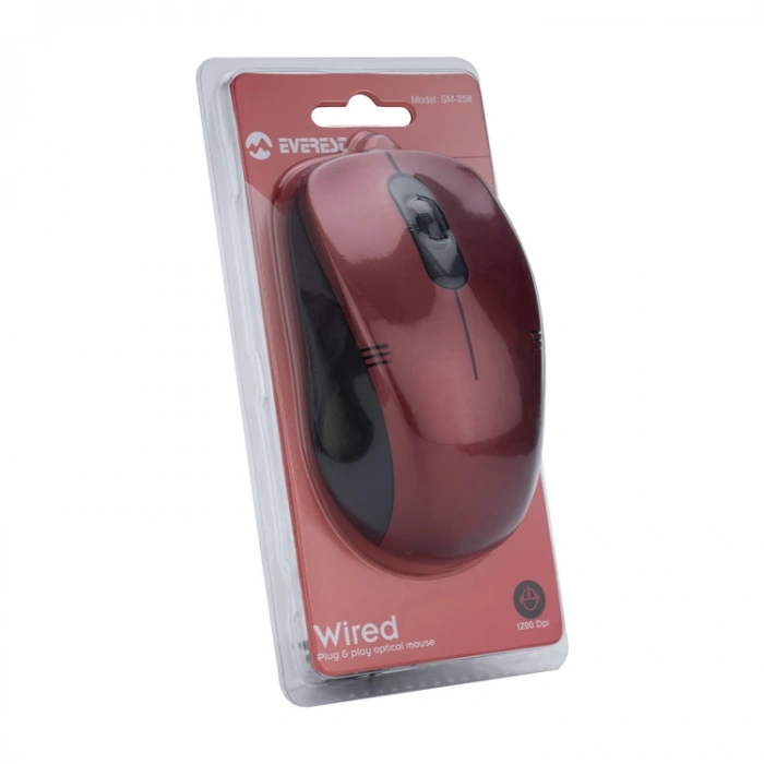 EVEREST SM-258 1200 DPİ OPTİK KABLOLU MOUSE KIRMIZI