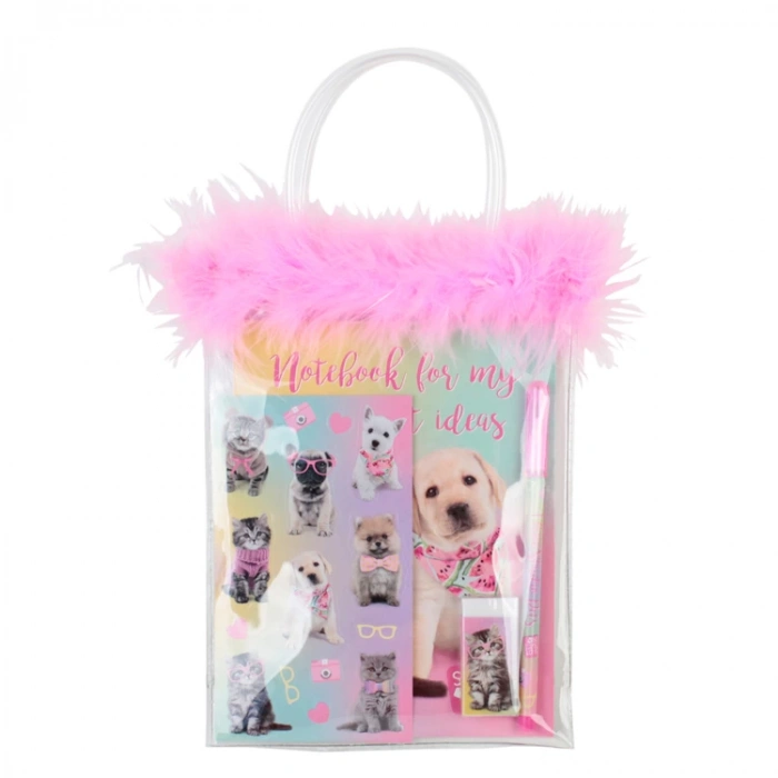 CEM STUDIO PETS PT-7746 KIRTASİYE SETİ TÜYLÜ VE PVC ÇANTALI 4 PARÇA