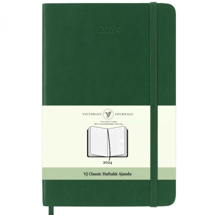 VICTORIAS JOURNALS 9149 19x25cm SERT KAPAK LASTİKLİ CEPLİ CLASSIC HAFTALIK AJANDA - YEŞİL