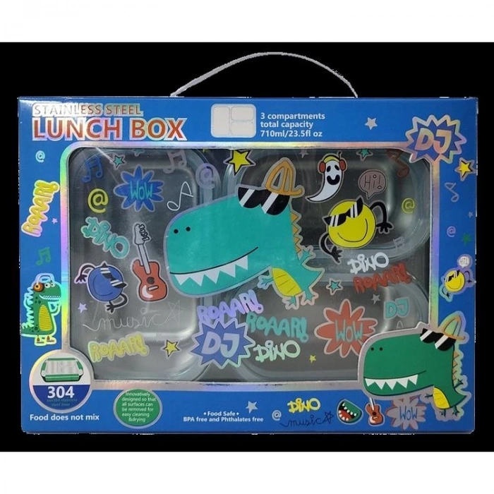 VEST BES0006 DİNOZOR DESENLİ ŞEFFAF KAPAKLI 3 BÖLMELİ 710 ML ÇELİK BESLENME KABI