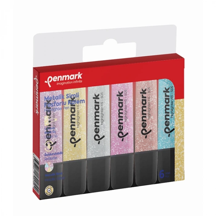 PENMARK HS-505-6S METALİK SİMLİ FOSFORLU KALEM 6LI ASETAT KARIŞIK RENK