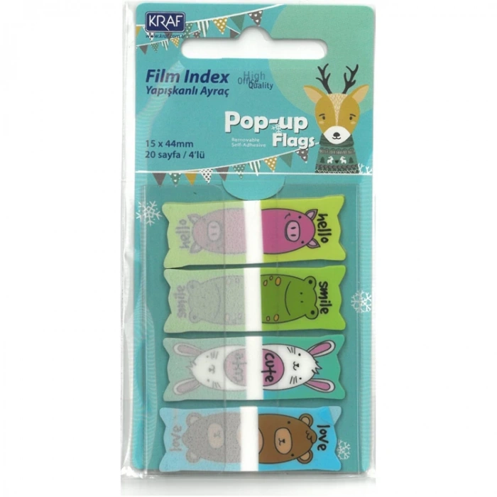 KRAF 41544 İNDEX FİLM (PP) 15x44mm.4LÜx20yp. POP-UP DESENLİ YAPIŞKANLI AYRAÇ