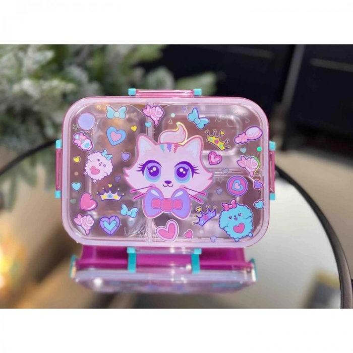 VEST BES0018 PAPYONLU KEDİ DESENLİ ŞEFFAF KAPAKLI 3 BÖLMELİ 800 ML ÇELİK BESLENME KABI