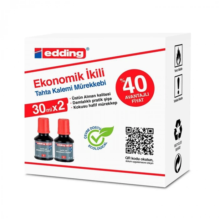 EDDING EDBT30K202 TAHTA KALEM MÜREKKEBİ 2Lİ 30 ML KIRMIZI