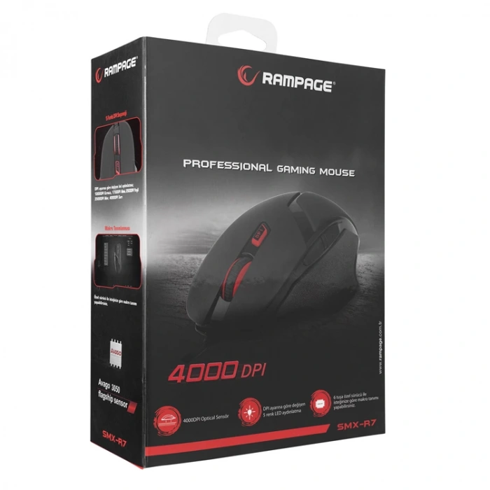 RAMPAGE SMX-R7 SİYAH MAKRO DESTEKLİ AVAGO ÇİPSETLİ PROFESYONEL GAMİNG OYUNCU MOUSE