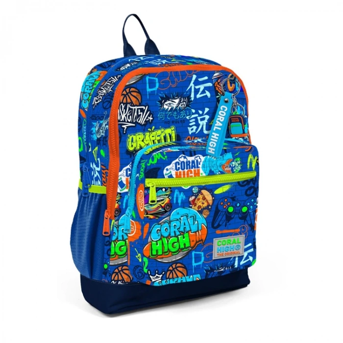 CORAL HIGH 23767 KIDS SAKS MAVİSİ GRAFİTİ DESENLİ DÖRT BÖLMELİ SIRT ÇANTASI