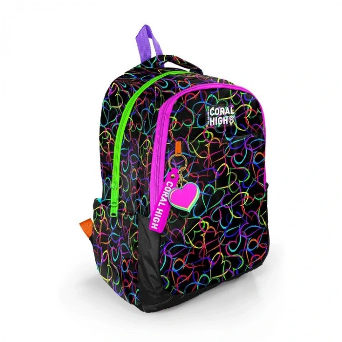 CORAL HIGH 23670 KIDS ÇOK RENKLİ KALP DESENLİ ÜÇ BÖLMELİ SIRT ÇANTASI