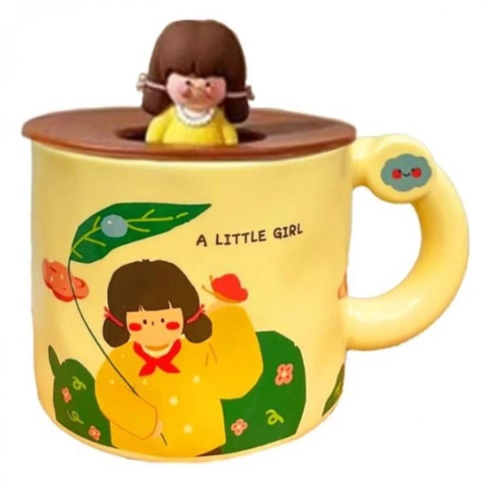 HUN CERAMİC 2-341 I LITTLE GIRL SİLİKON KAPAKLI PORSELEN MUG KUPA - TEKLİ