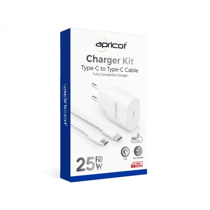 APRICOT APC-PD25C 25W 3.0A TYPE-C TO TYPE-C + EV ŞARJ ADAPTÖRÜ SETİ BEYAZ