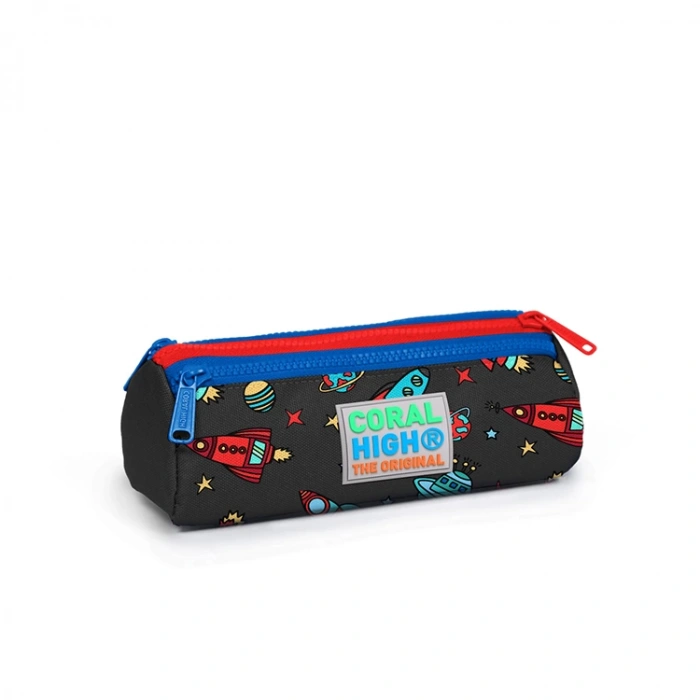 CORAL HIGH 22319 KİDS KOYU GRİ KIRMIZI UZAY DESENLİ ÜÇ BÖLMELİ KALEM ÇANTASI