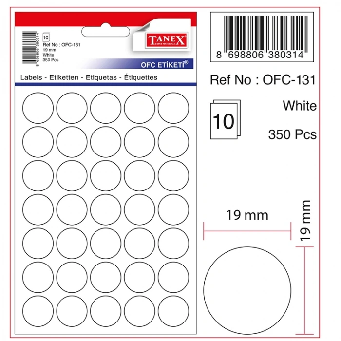 TANEX OFC-131 19mm BEYAZ OFİS ETİKETİ 10LU