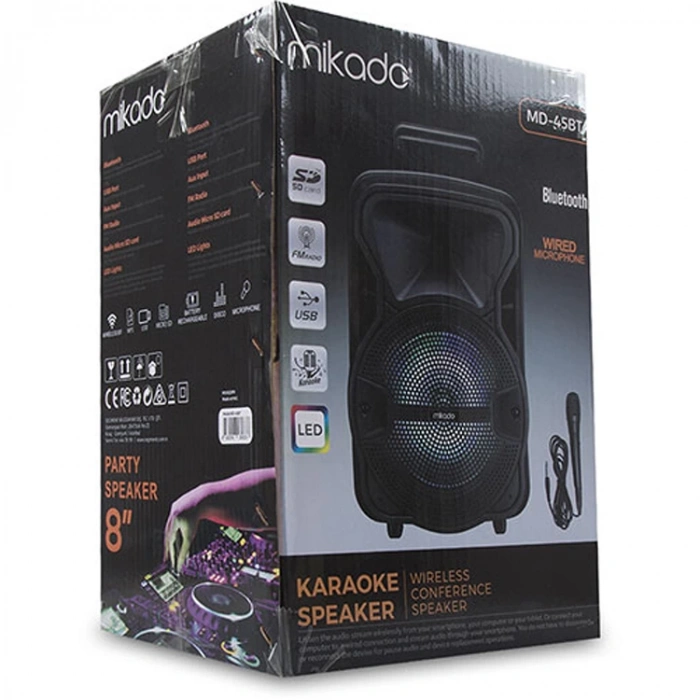 MİKADO MD-45BT 3.7V1800MAH SİYAH KABLOLU MİKROFON TOPLANTI ANFİSİ BLUETOOTH/USB/TF/FM/LED IŞIKLI