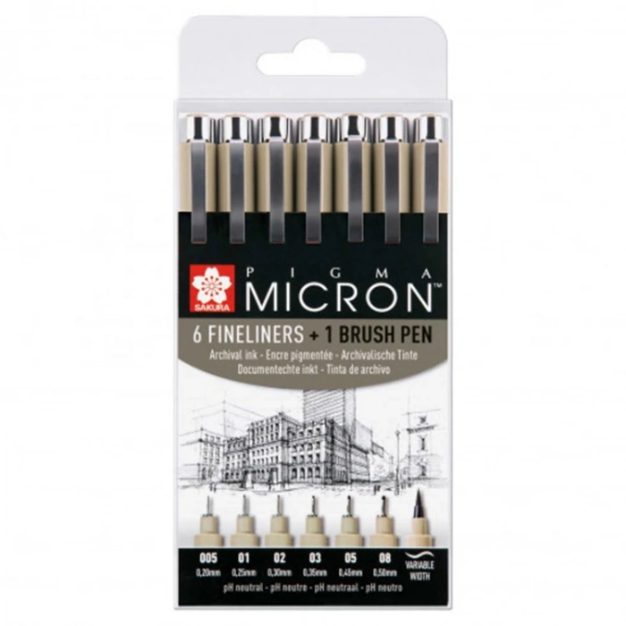 SAKURA PIGMA MICRON TEKNİK ÇİZİM KALEM SETİ 6 FINELINERS + 1 BRUSHPEN