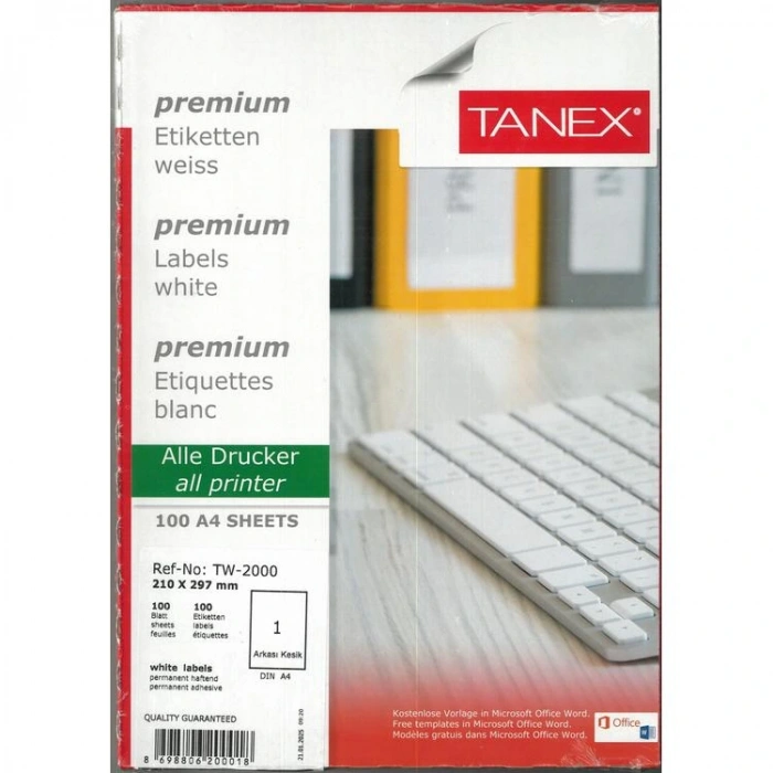 TANEX 210x297 mm LASER ETİKET A4 TAM TW-2000