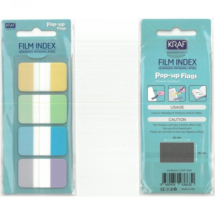 KRAF 2542 FILM (PP) INDEX KENDİNDEN YAPIŞKANLI AYRAÇ/NOTLUK 25x42mm. 20 YP. 4 RENK