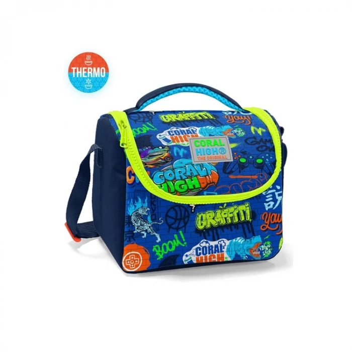 CORAL HIGH 11767 KIDS SAKS MAVİSİ GRAFİTİ DESENLİ THERMO BESLENME ÇANTASI