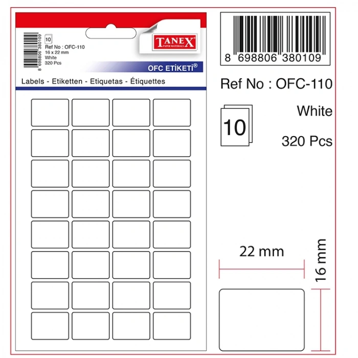 TANEX OFC-110 16x22mm BEYAZ OFİS ETİKETİ 10LU