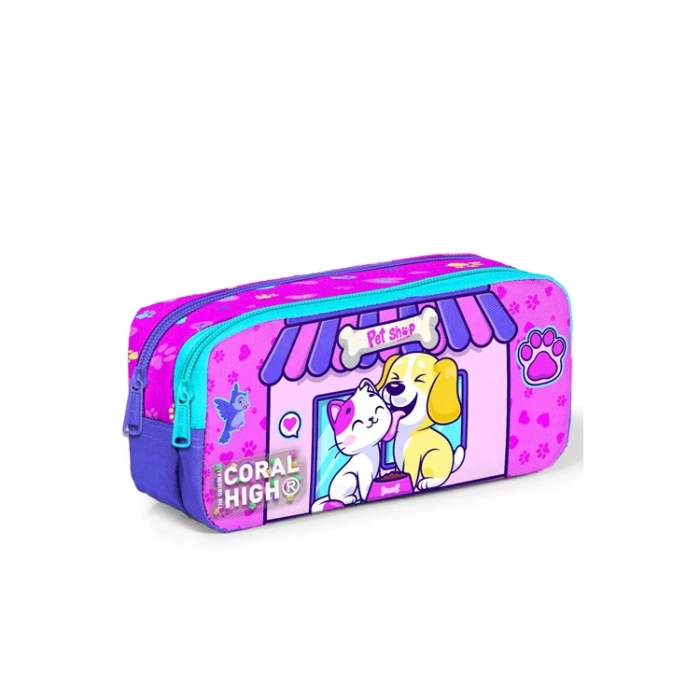 CORAL HIGH 12079 MOR PEMBE KEDİ KÖPEK DESENLİ İKİ BÖLMELİ KALEM ÇANTASI
