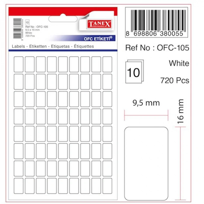 TANEX OFC-105 9,5x16mm BEYAZ OFİS ETİKETİ 10LU